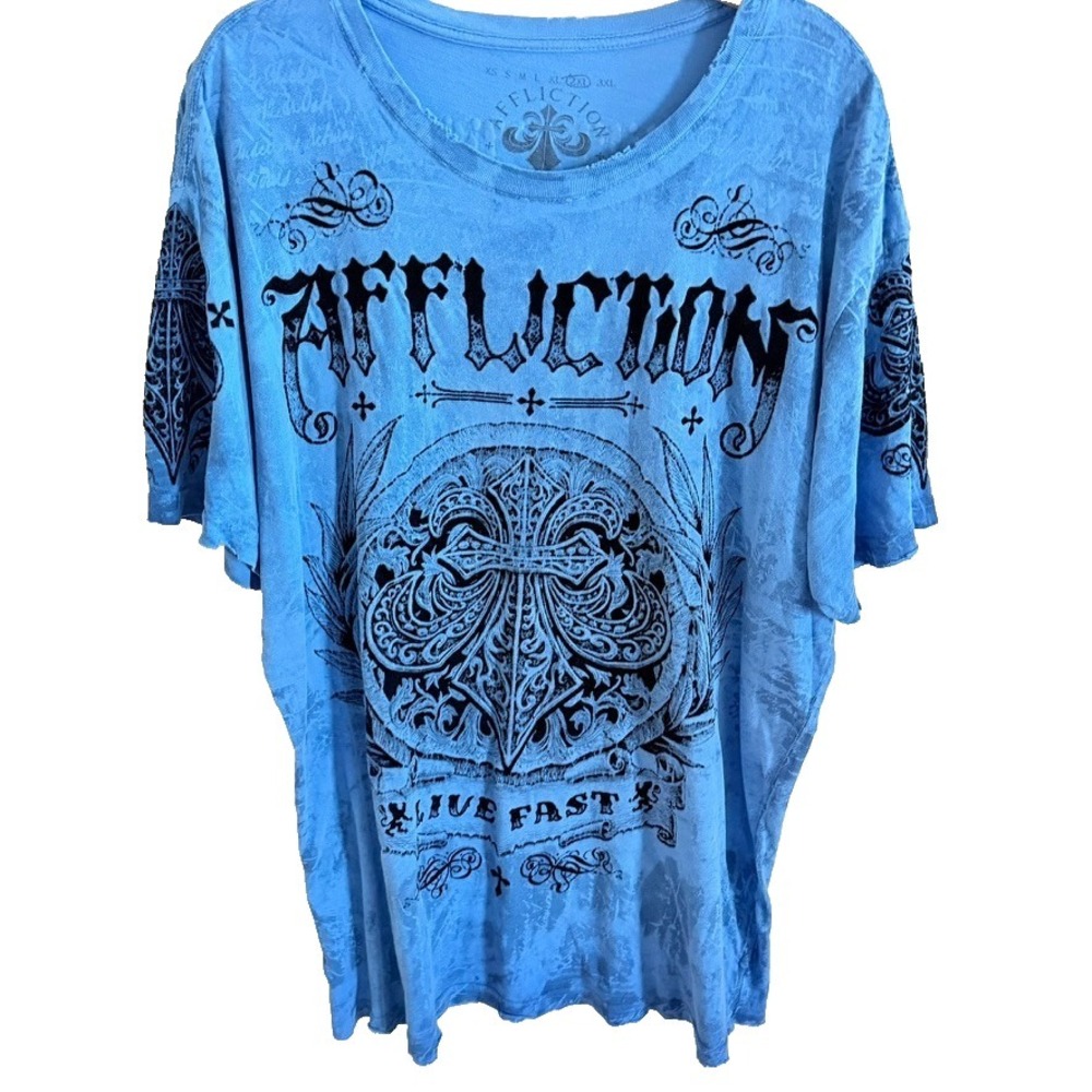 Affliction Y2K Vintage‎ Burnout Live Fast Men's Blue Graphic Logo  Tee Shirt XXL